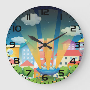 UFO Landing in a Bright City Night Scene Large Clock
