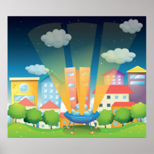 UFO Landing in a Bright City Night Scene Poster
