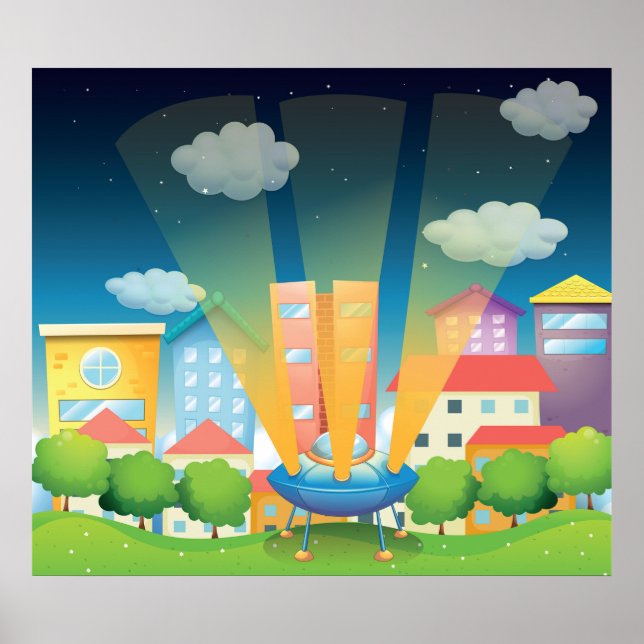 UFO Landing in a Bright City Night Scene Poster (Front)