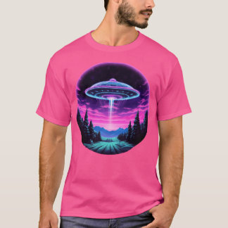 Ufo Neon Like Over The Field With Pink Sky Vaporwa T-Shirt