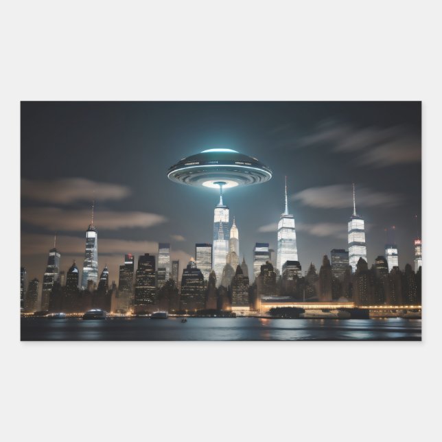 UFO Over City Rectangular Sticker (Front)