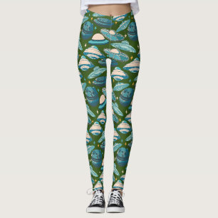 UFO Pattern Retro Style. D Green BG Leggings