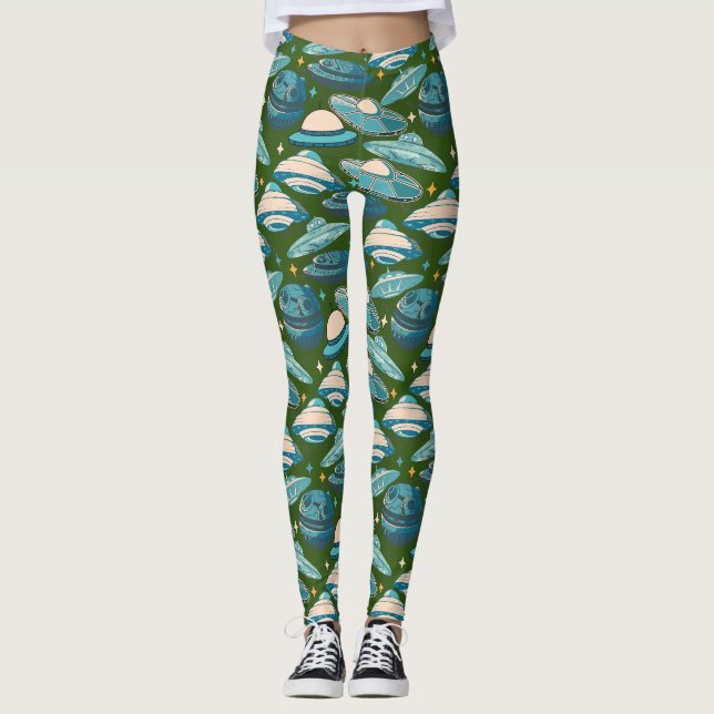 UFO Pattern Retro Style. D Green BG Leggings (Front)