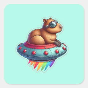 UFO Rainbow Capybara Square Sticker