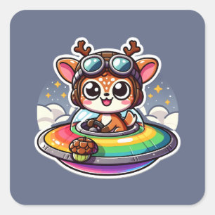 UFO Rainbow Deer Square Sticker