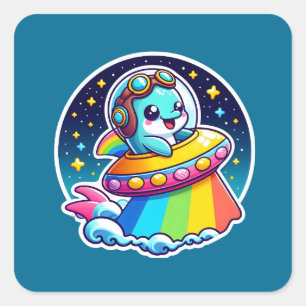 UFO Rainbow Dolphin Square Sticker