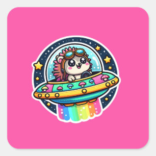 UFO Rainbow Hedgehog Square Sticker
