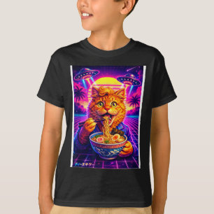 Ufo ramen cat meme retro synthwave 80s graphic T-Shirt