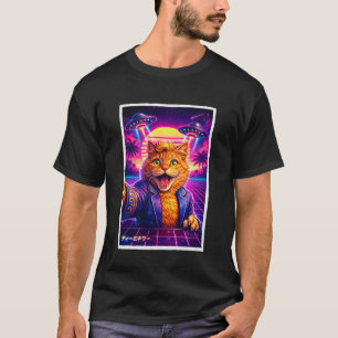 UFO Selfie Cat Meme Retro Synthwave 80s Graphic Fu T-Shirt