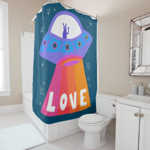 UFO Space Alien Spreads LOVE Spaceship Shower Curtain