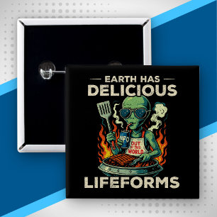 UFO Space BBQ Grill Earth Lifeforms Funny Alien 15 Cm Square Badge