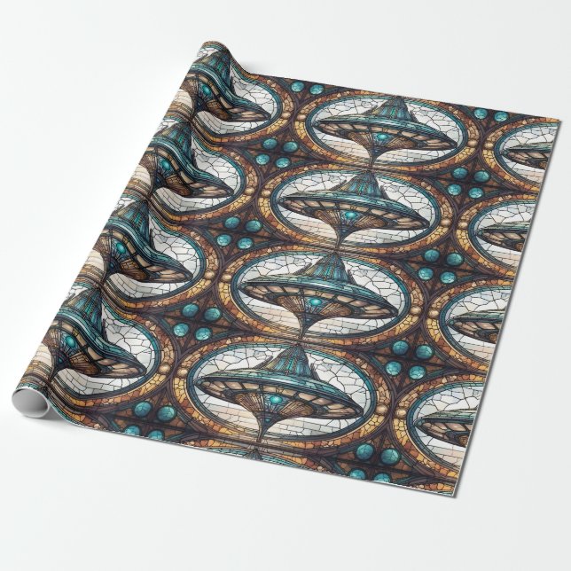UFO SPACESHIP STAINED GLASS WINDOW WRAPPING PAPER (Unrolled)