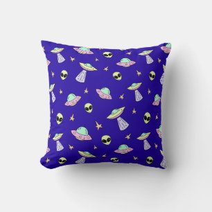 UFOs, Alien Faces, and Stars on Blue Background Cushion