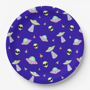 UFOs, Alien Faces, and Stars on Blue Background Paper Plate
