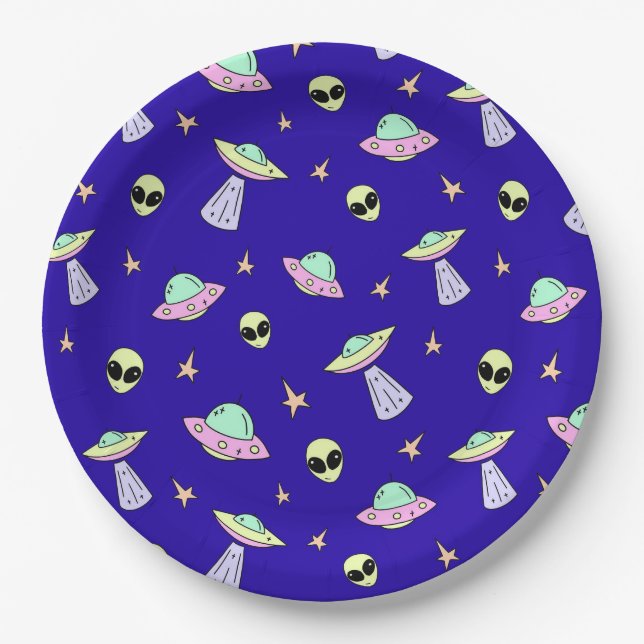 UFOs, Alien Faces, and Stars on Blue Background Paper Plate (Front)