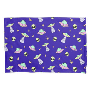 UFOs, Alien Faces, and Stars on Blue Background Pillowcase