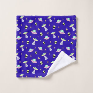 UFOs, Alien Faces, and Stars on Blue Background Wash Cloth