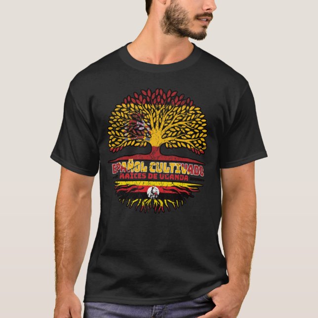 Uganda Ugandan Spain Spanish Tree Roots Flag T-Shirt (Front)