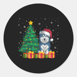 Ugly Alaskan Malamute Santa Hat Christmas Lights D Classic Round Sticker