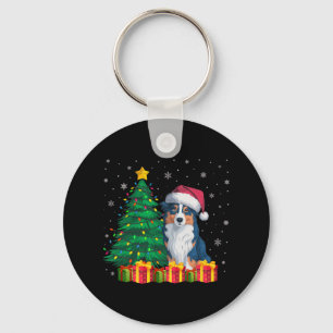 Ugly Australian Shepherd Santa Hat Christmas Light Key Ring