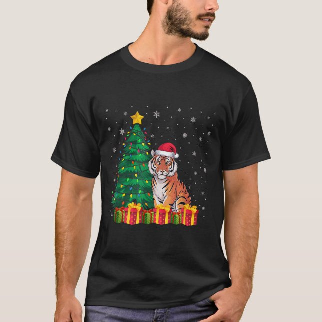 Ugly Bengal Tiger Santa Hat Christmas Tree Lights  T-Shirt (Front)