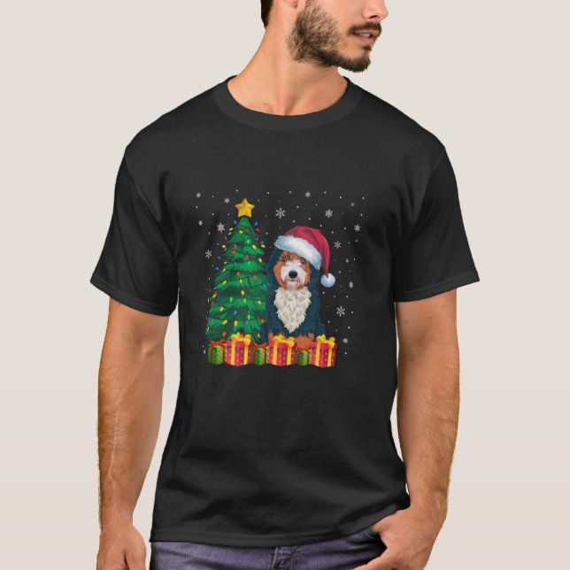 Ugly Bernedoodle Santa Hat Christmas Lights Dog Lo T-Shirt (Front)