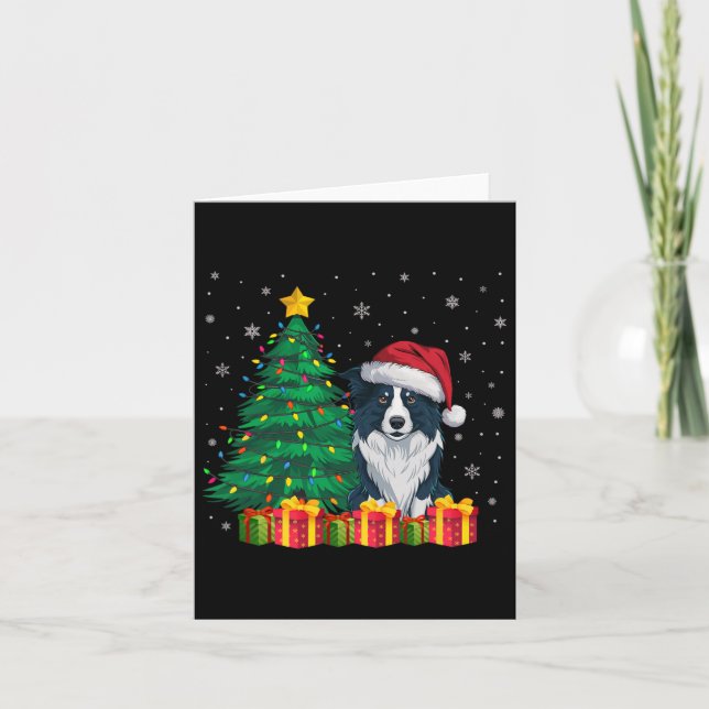 Ugly Border Collie Santa Hat Christmas Lights Dog  Card (Front)