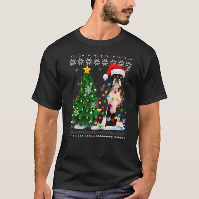 Ugly Boston Terrier Dog Santa Hat Christmas Tree L T-Shirt (Front)