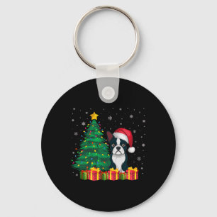 Ugly Boston Terrier Santa Hat Christmas Lights Dog Key Ring