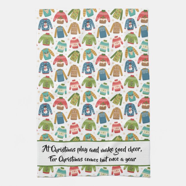 Ugly But Cute Ugly Christmas Sweater Holiday Quote Tea Towel (Vertical)