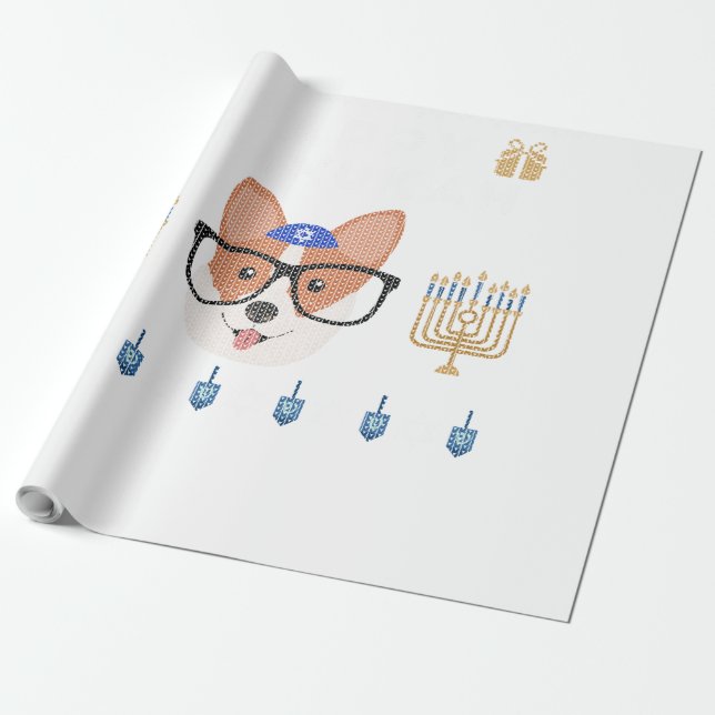 Ugly Chanukah Hanukkah Jewish Puppy Dog Corgi Swea Wrapping Paper (Unrolled)