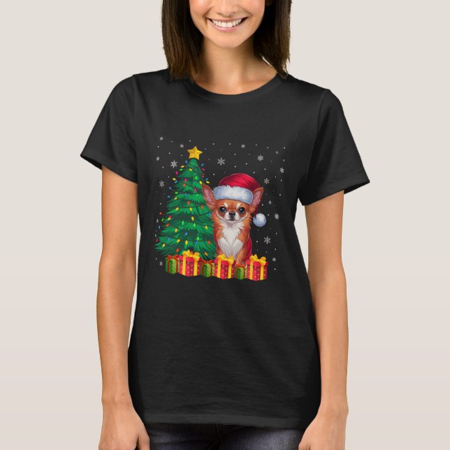 Ugly Chihuahua Santa Hat Christmas Lights Dog Love T-Shirt (Front)