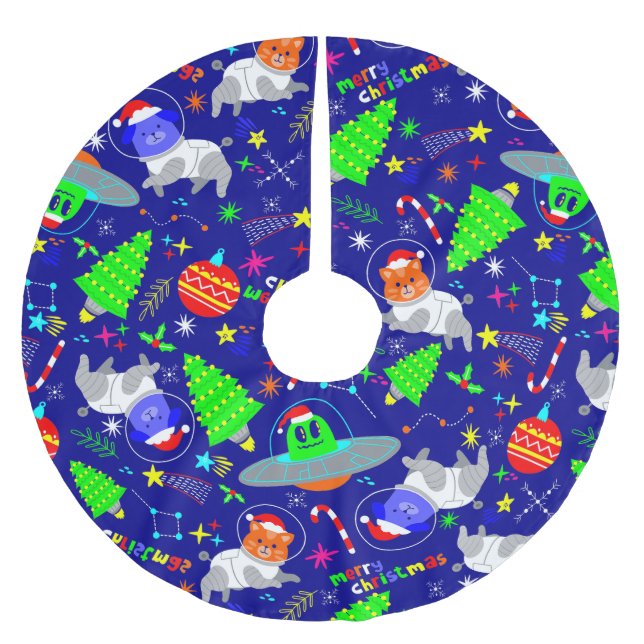 ugly christmas alien santa dog cat brushed polyester tree skirt (Front)