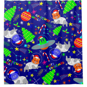 ugly christmas alien santa dog cat shower curtain