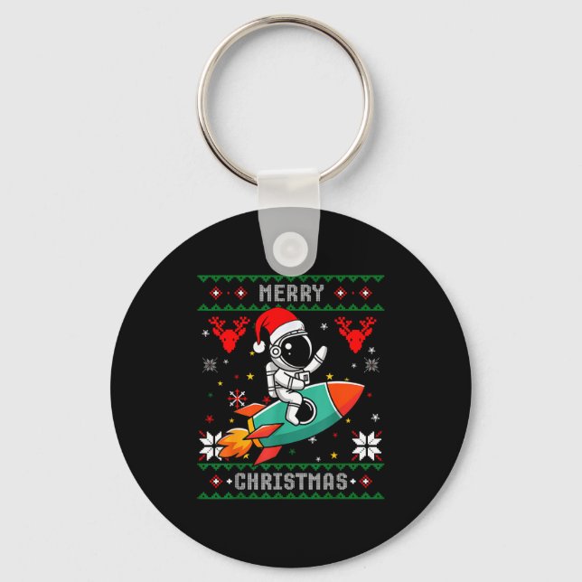 Ugly Christmas Astronaut Riding Rocket Santa Hat T Key Ring (Front)