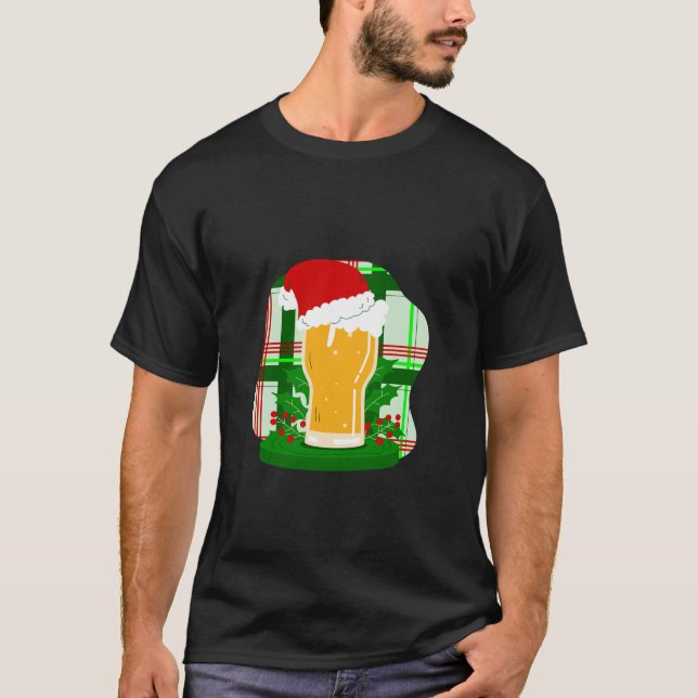 Ugly Christmas Beer Santa Claus Holly Plaid Funny  T-Shirt (Front)