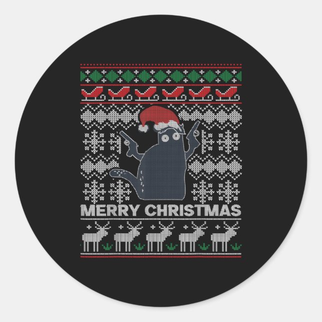 Ugly Christmas Black Cat Merry Christmas Gift  Classic Round Sticker (Front)