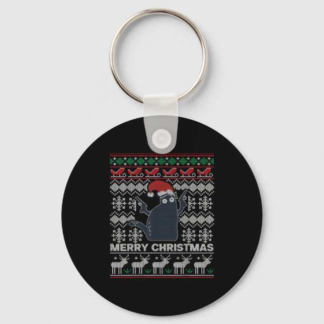 Ugly Christmas Black Cat Merry Christmas Gift  Key Ring (Front)