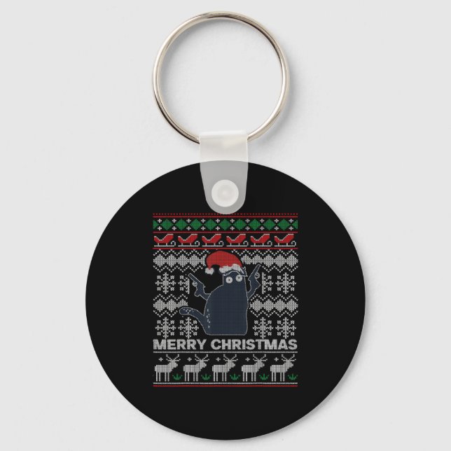 Ugly Christmas Black Cat Merry Christmas Gift  Key Ring (Front)