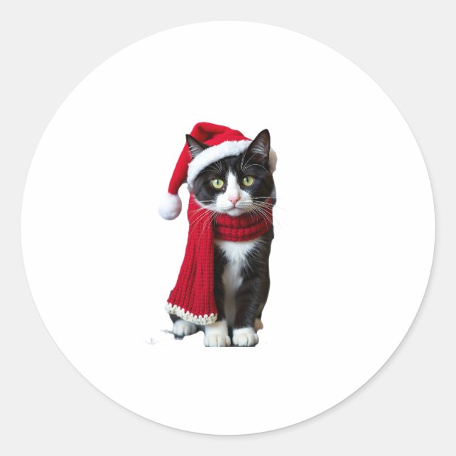 Ugly Christmas Black Cat Santa Hat Scarf Holiday C Classic Round Sticker (Front)