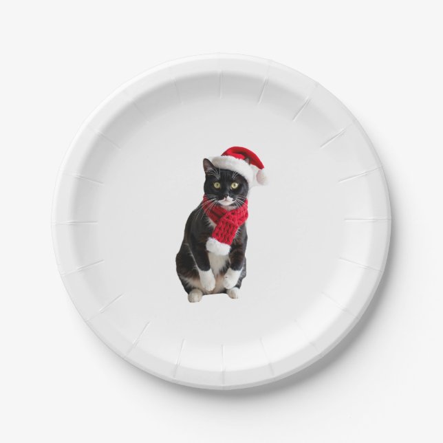 Ugly Christmas Black Cat Santa Hat Scarf Holiday C Paper Plate (Front)