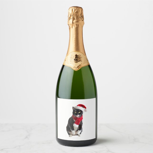 Ugly Christmas Black Cat Santa Hat Scarf Holiday C Sparkling Wine Label (Front)