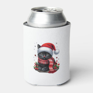 Ugly Christmas Black Cat Santa Hat Scarf Holiday _ Can Cooler