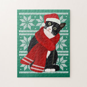 Ugly Christmas Black Cat Santa Hat Scarf Holiday Jigsaw Puzzle