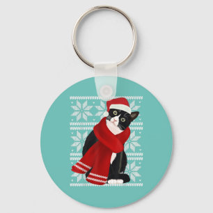Ugly Christmas Black Cat Santa Hat Scarf Holiday Key Ring