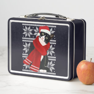 Ugly Christmas Black Cat Santa Hat Scarf Holiday Metal Lunch Box