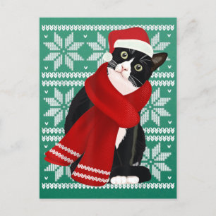 Ugly Christmas Black Cat Santa Hat Scarf Holiday Postcard