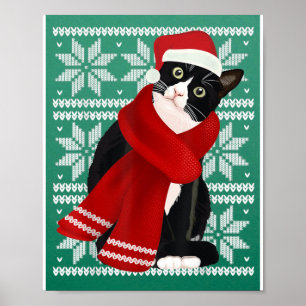 Ugly Christmas Black Cat Santa Hat Scarf Holiday Poster