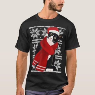 Ugly Christmas Black Cat Santa Hat Scarf Holiday T-Shirt
