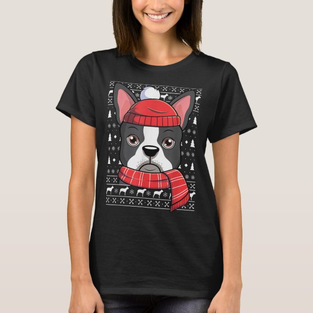 Ugly Christmas Boston Terrier Dog Funny Xmas T-Shirt (Front)